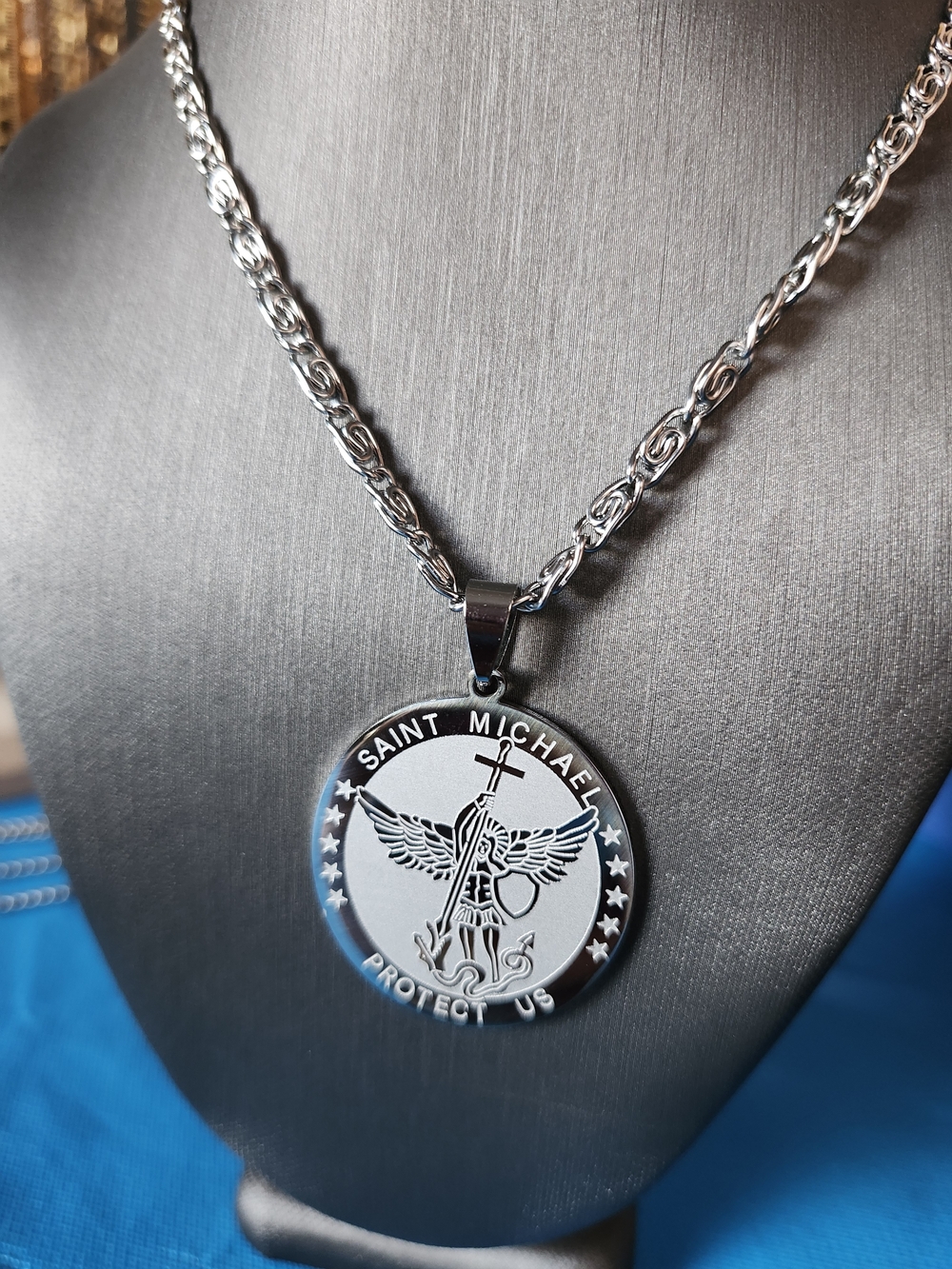 Saint Michael Round Pendant Necklace in Silver Tone